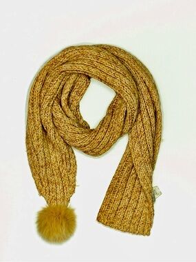 Furla Beige Ribbed Knit Scarf with Fur Pom-Pom Accent. Italian Luxury.